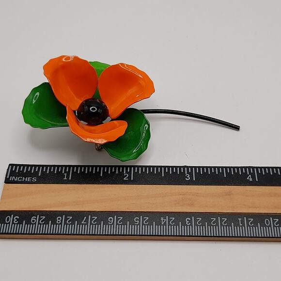 Vintage 1960s Orange Green White Enamel Flower Brooch with Stem, 4 Inches - Picture 6 of 9